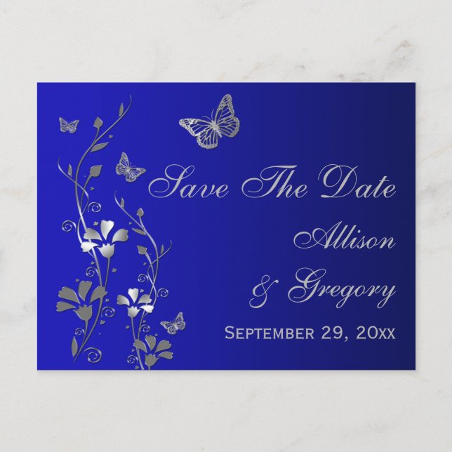 Anúncio Cartão Postal de Salvar a Data com Borboletas Azui (Frente)