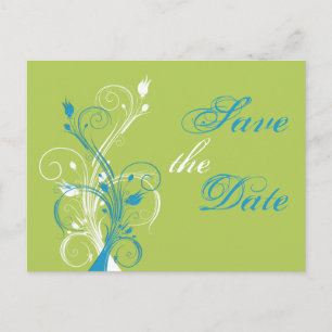 Anúncio Cartão Postal de Salvar a Data Floral Azul Verde B