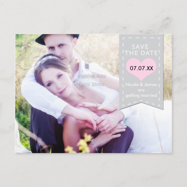 Anúncio Cartão postal de SAVE THE DATE com faixa cinza e r (Frente)