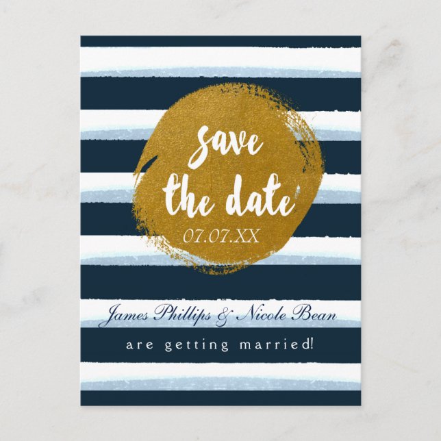 Anúncio Cartão Postal de Save The Date com Listras Azuis e (Frente)