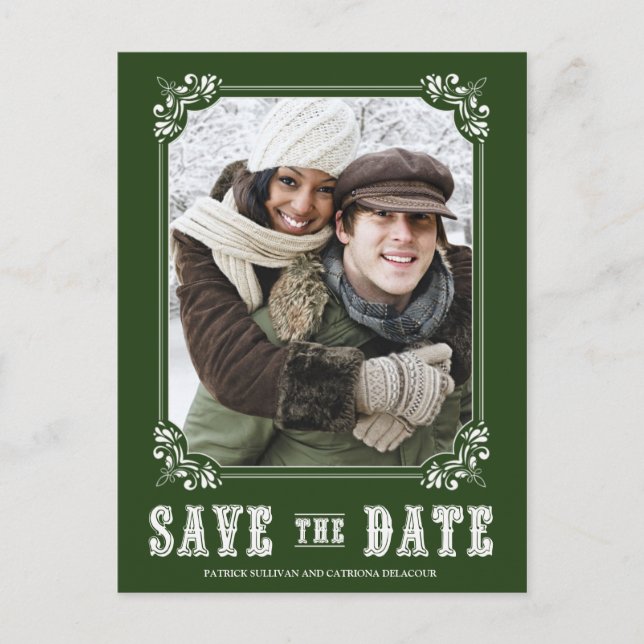 Anúncio Cartão postal de save the date com moldura ornamen (Frente)