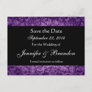 Anúncio Cartão postal de save the date de damasco roxo e p
