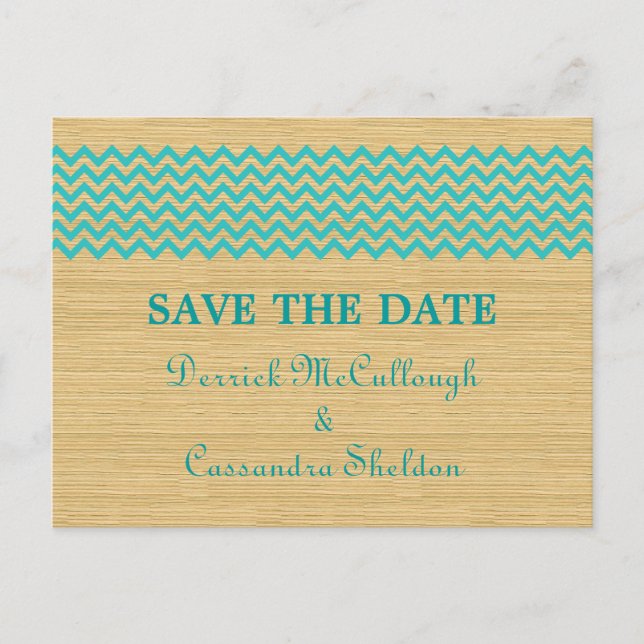 Anúncio Cartão postal de Teal Rustic Chevron Save the Date (Frente)