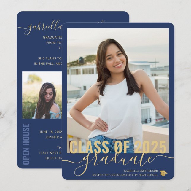 Anúncio Casa Aberta de Graduação Azul Moderna com Colagem  (Frente/Verso)