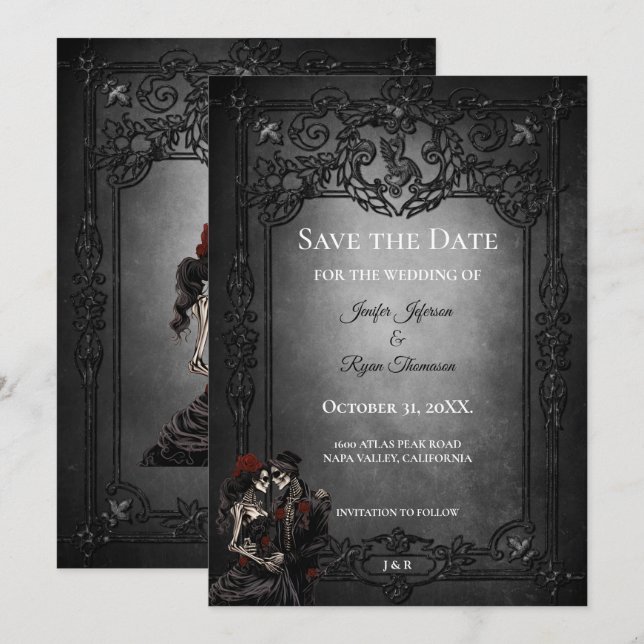 Anúncio Casamento Dark Gothic Halloween salvar a data (Frente/Verso)