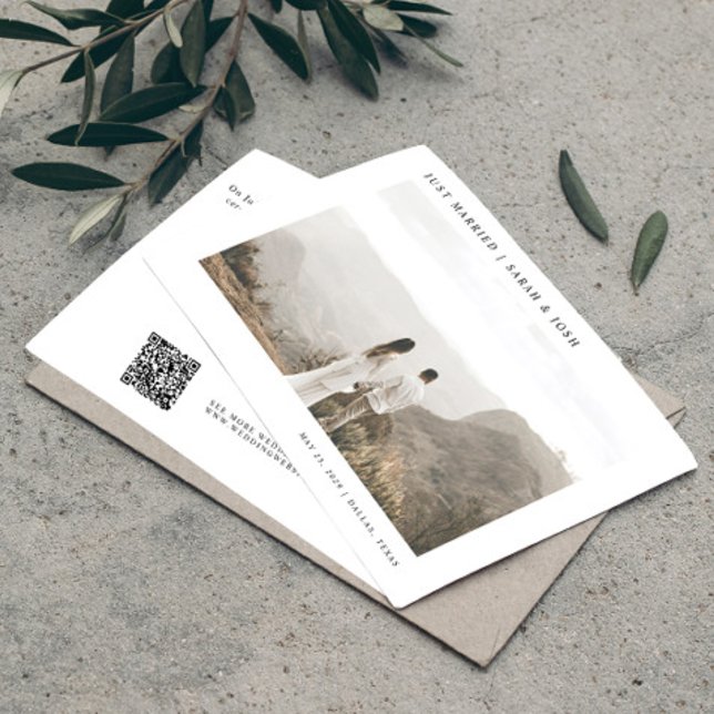Anúncio Casamento de Fotografia do Recem casados de Código (Easily personalize this elegant, wedding announcement with your favorite photo, message, and QR code)