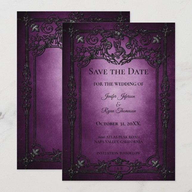Anúncio Casamento de Halloween em roxo gótico, salve a dat (Frente/Verso)