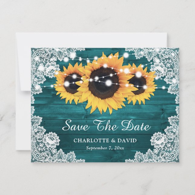 Anúncio Casamento de Teal Rustic Wood Lace Sunflower (Frente)