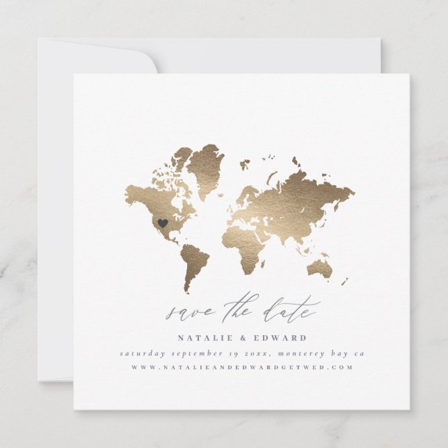 Anúncio casamento Dourado do mapa do mundo das aquarelas (Frente)