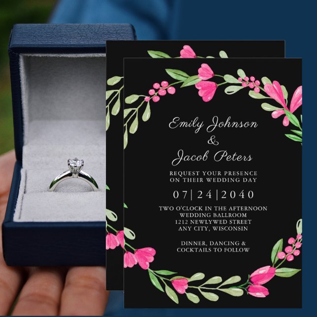 Anúncio Casamento Elegância Preta com Verde Floral Rosa (Criador carregado)