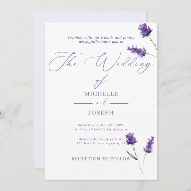 Anúncio Casamento Elegante De Aquarela Da Blisa De lavanda (Frente/Verso)
