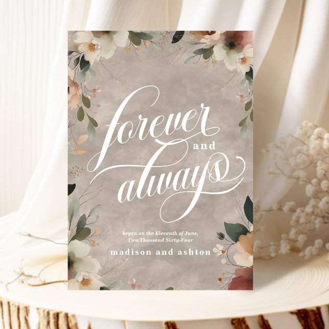 Anúncio Casamento Floral de Boho Beige para sempre (Announce your love beautifully with our elegant "Forever and Always" wedding cards.)