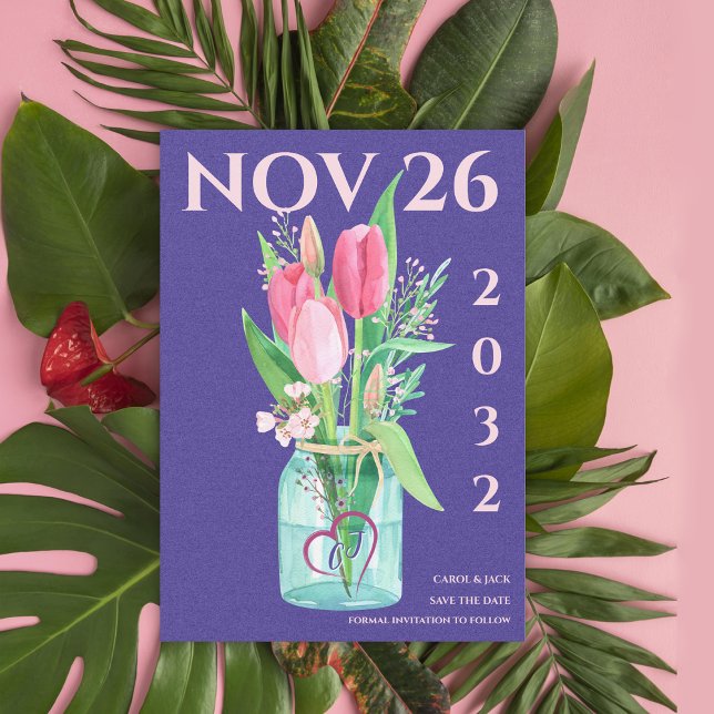 Anúncio Casamento Floral Romântico Púrpura Salve a Data (Romantic Purple Blush Floral Wedding Save the Date Announcement)