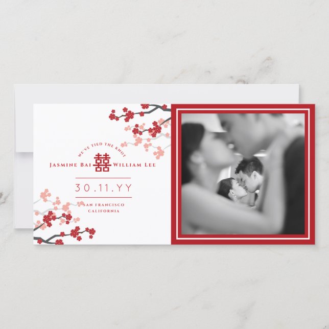 Anúncio Casamento Foto de Felicidade Dupla de Cereja Verme (Frente)