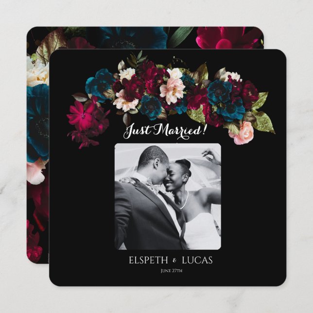 Anúncio Casamento Romântico Negro, Borgonha e Teal Floral (Frente/Verso)