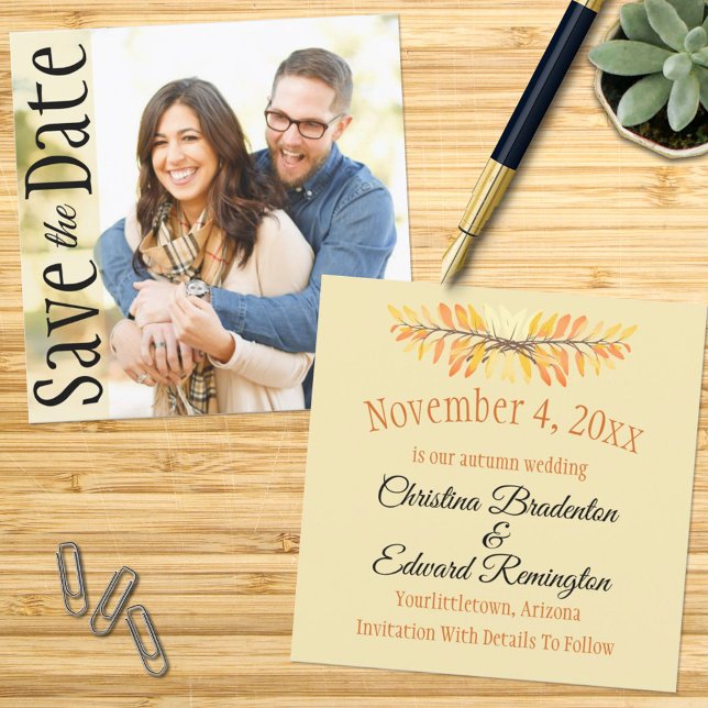 Anúncio Casamento Salve A Data Mínima Rustic Deixa Foto (Front and Back square template design save the date announcement)