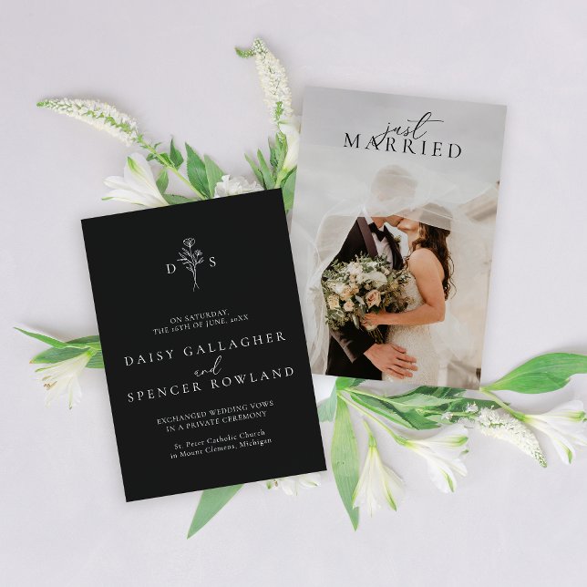 Anúncio Casamento Simples de Monograma Floral Branco e Pre (Criador carregado)