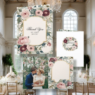 Anúncio Casamento Vitoriano Floral Elegante, Rosa e Dourad