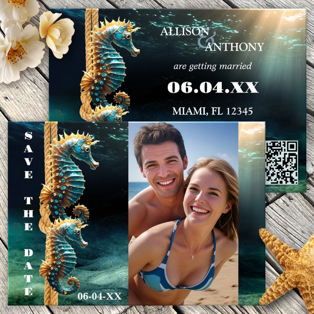Anúncio Cavalos-marinhos náuticos Foto para salvar a data (Save the Date card featuring your photo on an underwater scene with seahorses tying the knot - QR)