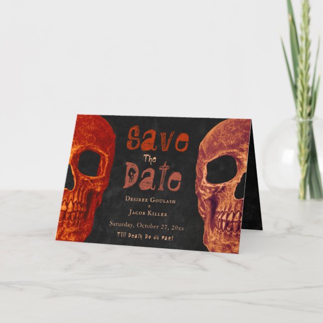Anúncio Caveira Gótica Laranja Negro Halloween Salvar Data (Frente)