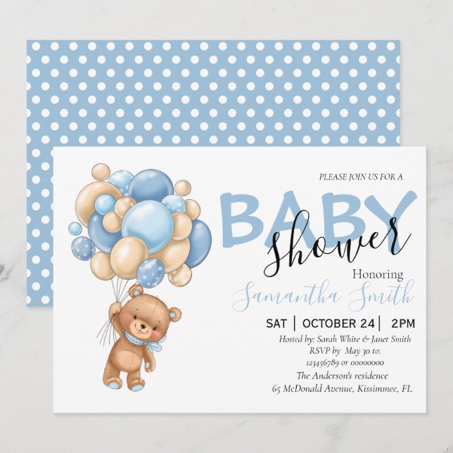 Anúncio Chá de fraldas de Teddy Bear Blue Balloon Boy (Frente/Verso)