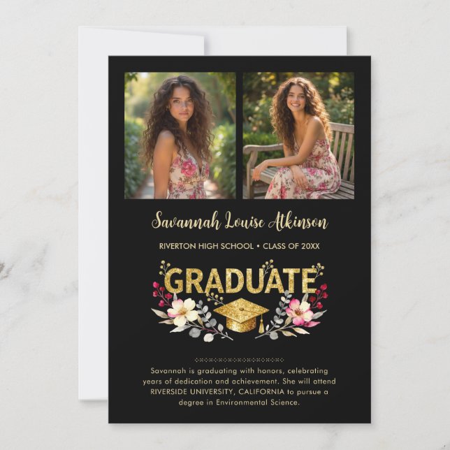Anúncio Chic Floral Graduation Photo Collage Gold Script (Frente)