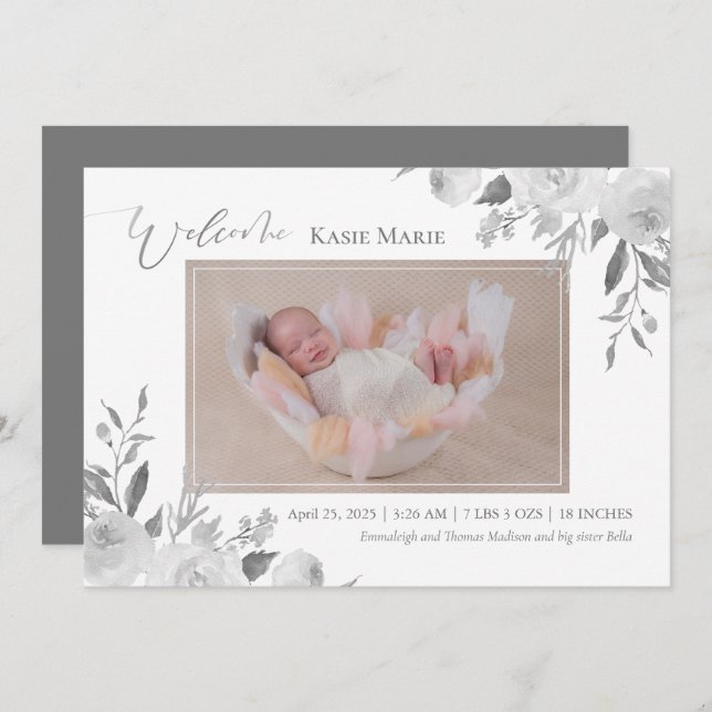 Anúncio Cinza Floral Elegante Primavera de Foto para Bebê (Frente/Verso)