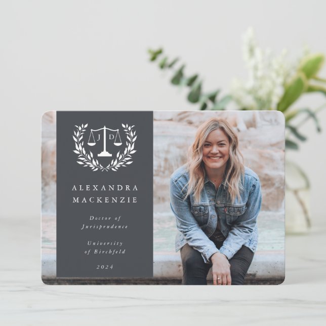 Anúncio Cinza + White JD Law Scales Laurel Wreath Photo (Em pé/Frente)