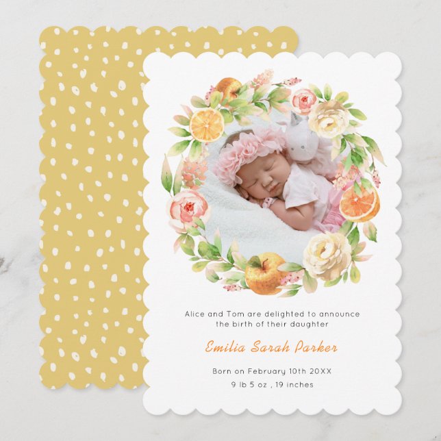 Anúncio Citrus Rosa Wreath Floral Photo Birth (Frente/Verso)
