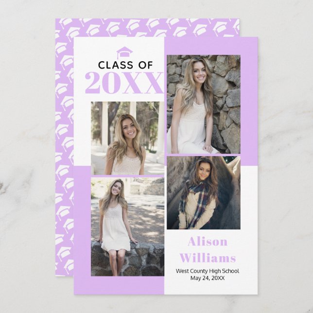 Anúncio Classe de 2025: quatro fotos, graduação em lavanda (Frente/Verso)