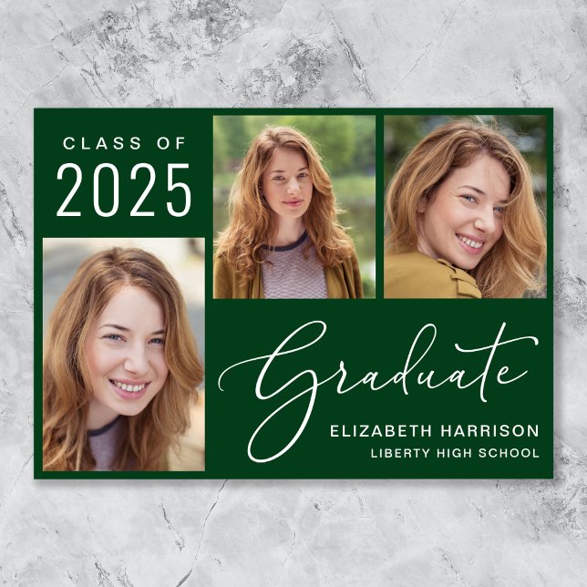 Anúncio Classe de Graduação Verde do Script de Foto 2025 (Cherish the milestone: share your graduate's achievement with a custom photo graduation announcement)