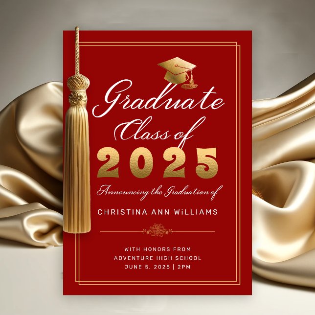 Anúncio Classe Elegante de Script Dourado Vermelho de Grad (Elegant Gold White Script on Red with thin gold frame Graduation Announcement)