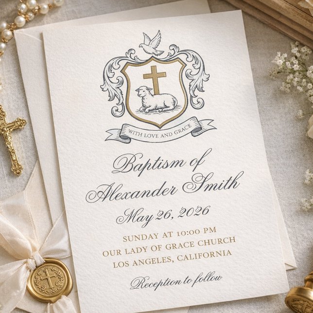 Anúncio Clássico do Batismo de Lamb of God (Baptism Invitation for Boy With Cross Lamb Crest and Elegant Script)