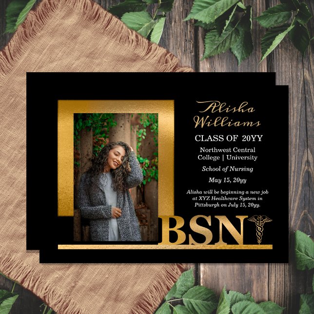 Anúncio Clássico Elegante Dourado BSN Caduceus 1 Foto Pret (Classy Elegant "BSN" Gold Tone | Black Caduceus Photo Graduation Announcement - Print | Download)