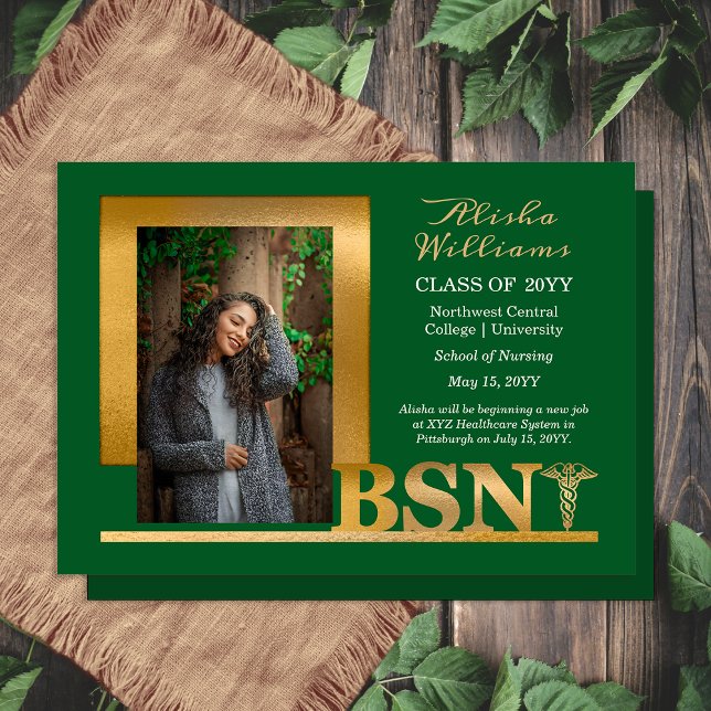 Anúncio Clássico Elegante Dourado BSN Caduceus Photo Dk Gr (Elegant Classy Gold Tone BSN Caduceus Photo Dark Green Graduation Announcement - Print | Digital )