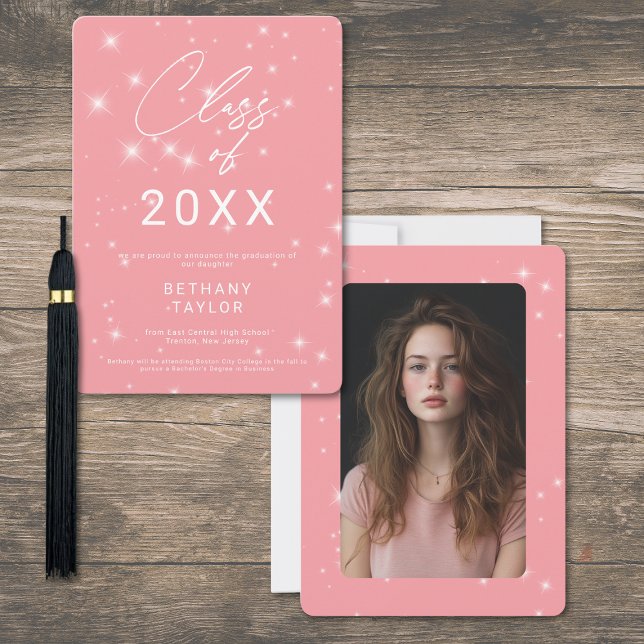 Anúncio Colação de Grau Rosa e Branco com Brilho Moderno (Modern Blush Pink & White Sparkle Graduation Announcement)
