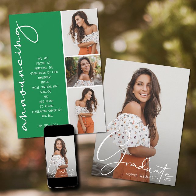 Anúncio Colagem de 4 Fotos Formatura Verde (Green graduation photo announcements)