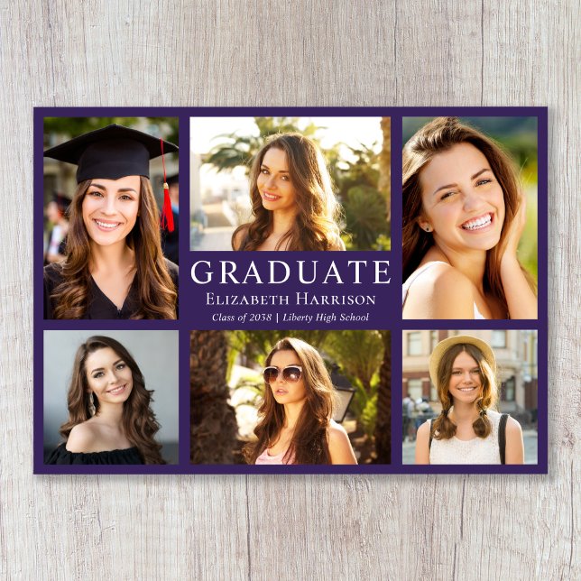 Anúncio Colagem de Fotos Clássica Roxa de Formatura (Classic Photo Burgundy Collage Graduation Announcement)