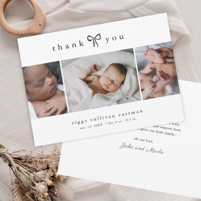 Anúncio Colagem de Fotos de Bebê com Laço Simples (Simple hand-drawn bow 3 photo baby announcement thank you cards.)