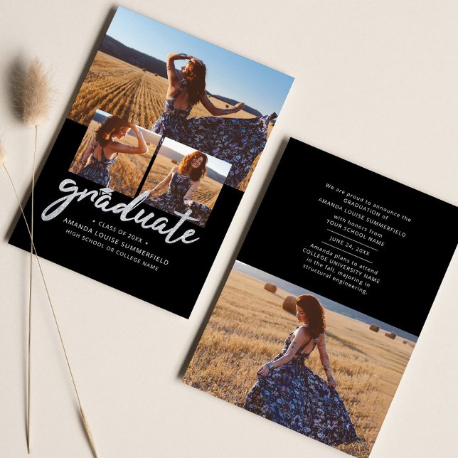 Anúncio Colagem de Fotos de Formando de Script Preto do fo (Graduate Photo Collage Modern Graduation Announcement)