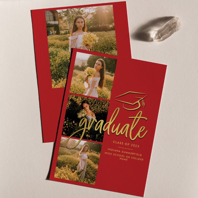 Anúncio Colagem de Fotos do Formando Vermelho Dourado 2025 (Graduation Photo Collage Announcement Class of 2024)