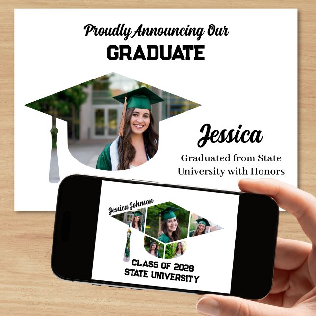 Anúncio Colagem de Fotos em Forma de Boné de formatura Mod (Fun Graduation Announcement with Photos in a Graduation Cap Shape Photo Collage)