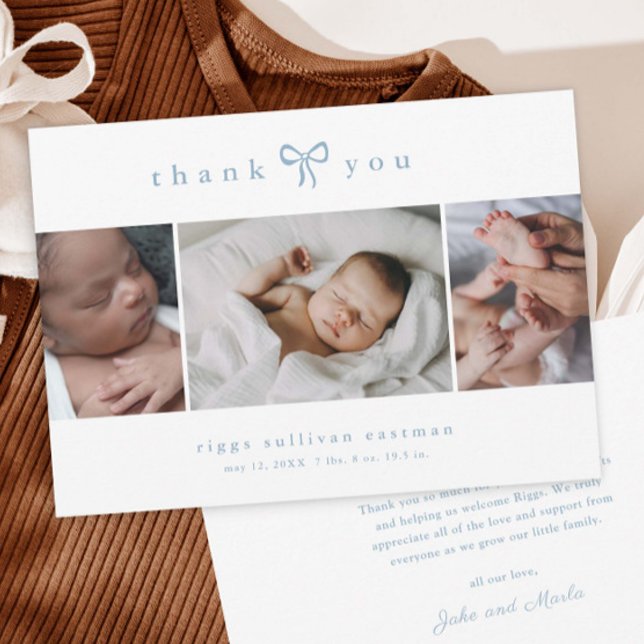 Anúncio Colagem de Fotos Simples de Bebê Menino com Laço (Simple bow 3 photo collage baby announcement cards.)