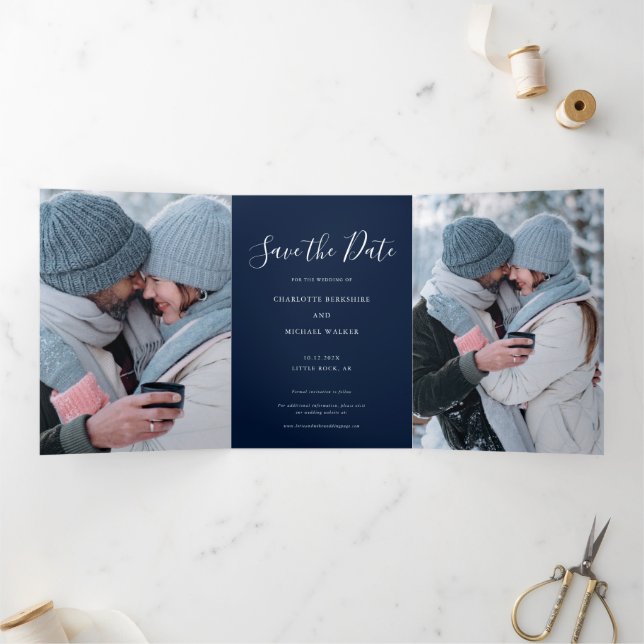 Anúncio Com Dobra Tripla 3 Photos Script Wedding Save the Date (Dentro)