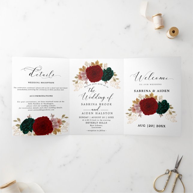 Anúncio Com Dobra Tripla Autumone Dourada Burgundy Emerald Greeny Floral (Dentro)