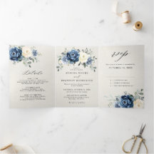 Azul Desbotado Naval Champanhe Marfim Floral Tri-F