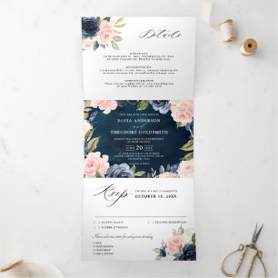 Anúncio Com Dobra Tripla Azul Marinho Poeira Rosa Floral Casamento Tri-Dobr