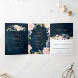 Anúncio Com Dobra Tripla Azul Marinho Poeira Rosa Floral Casamento Tri-Fol