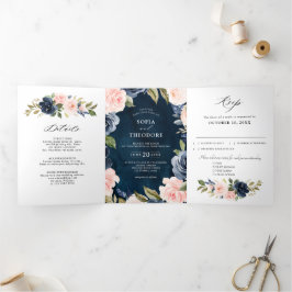 Anúncio Com Dobra Tripla Azul Marinho Poeira Rosa Floral Casamento Tri-Fol