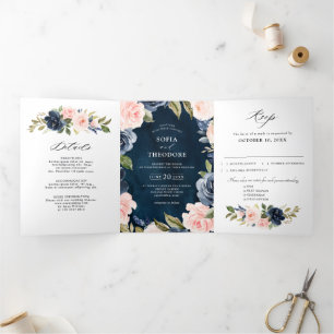 Anúncio Com Dobra Tripla Azul Marinho Poeira Rosa Floral Casamento Tri-Fol